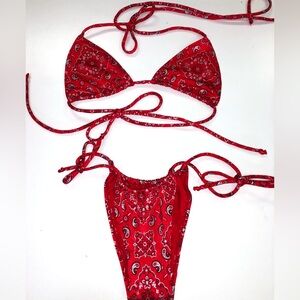 On A Brand Red Paisley Bathing Suit